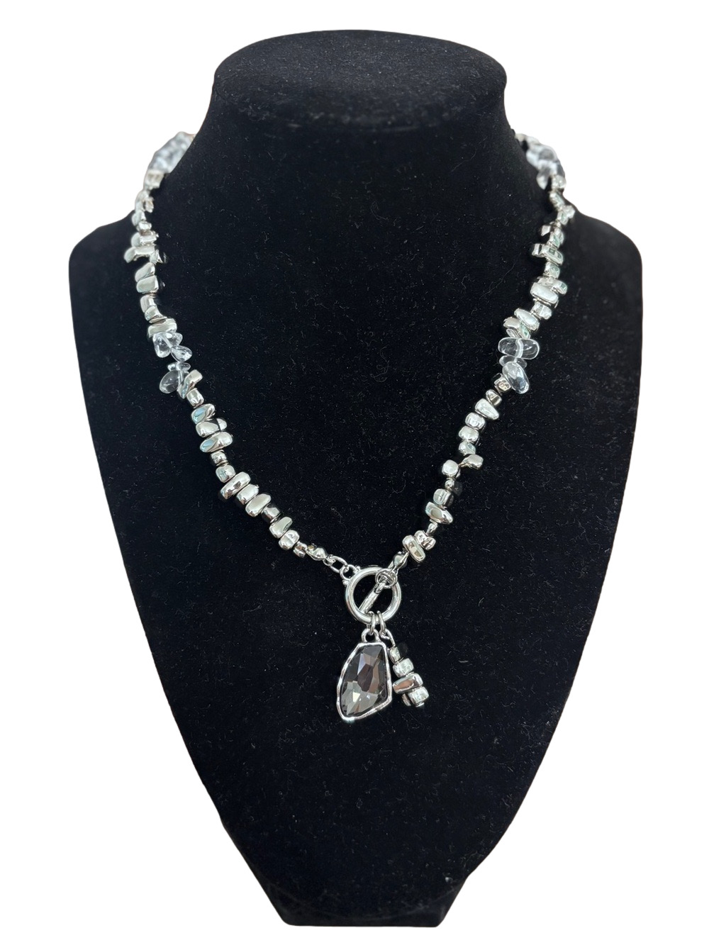 Silver Beaded Toggle Necklace with Black Gem Pendant - Picture 7 of 7